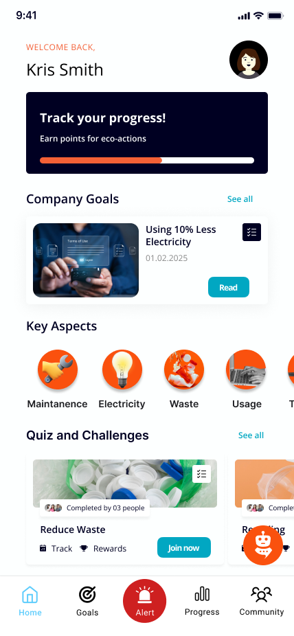 Energy Walk employee app home, Welcome back Kris Smith with company goals, key aspects and challenges