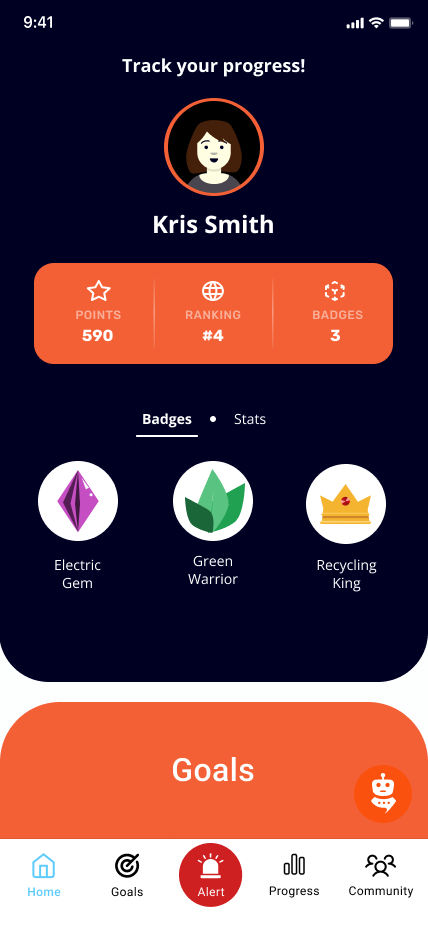 Point Team progress screen with points, ranking and badges