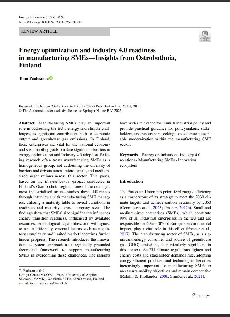 Published academic journal article: Energy optimization and industry 4.0 readiness in manufacturing SMEs, Energy Efficiency journal 2025