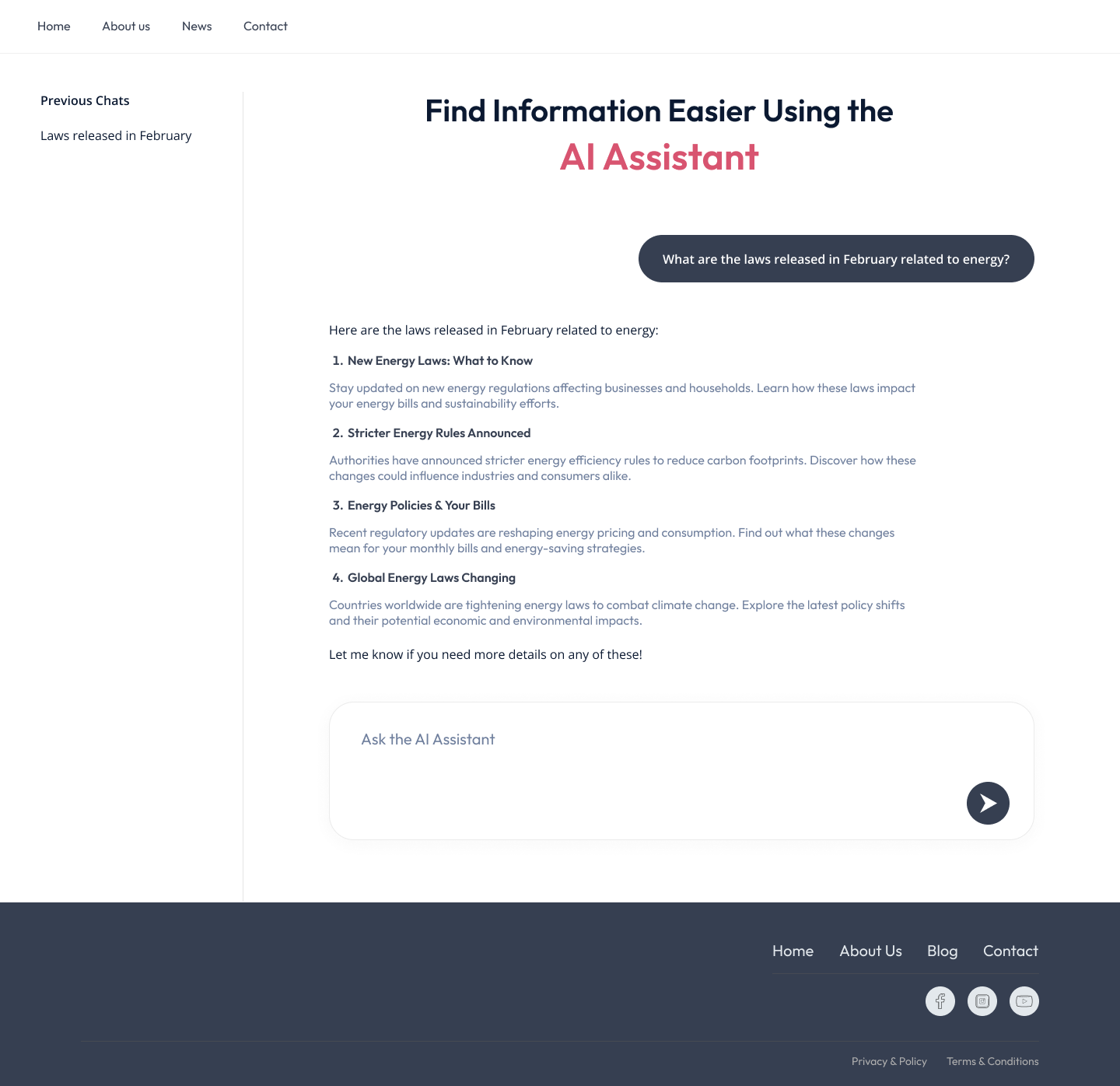 Regulation Guide AI Assistant chat answering which energy laws were released in February