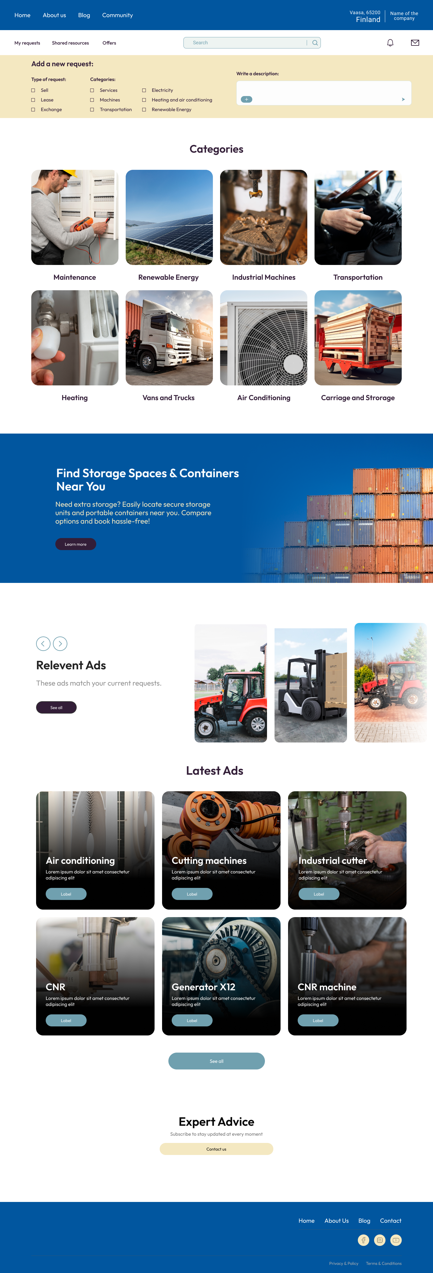 Resource Channel marketplace homepage with add-a-request bar, category grid, storage banner and ad listings