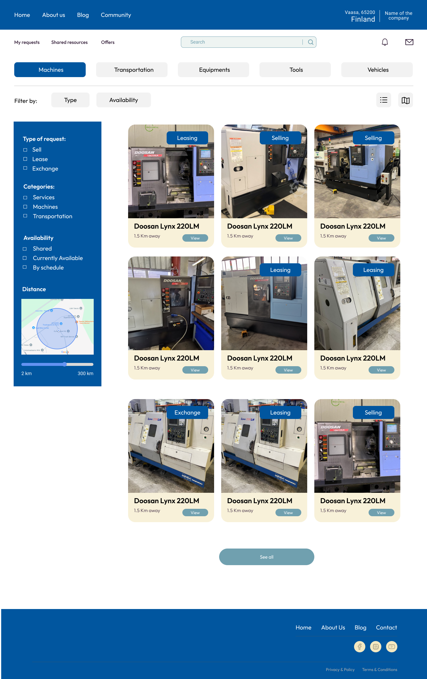 Resource Channel marketplace listings grid of Doosan Lynx machines with sell, lease and exchange filters