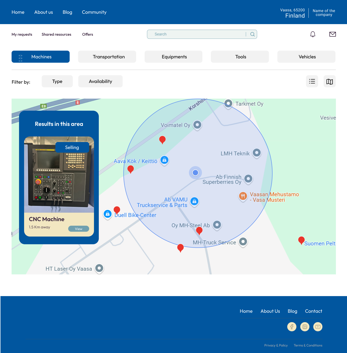 Resource Channel map view showing nearby companies with a selected CNC machine 1.5km away
