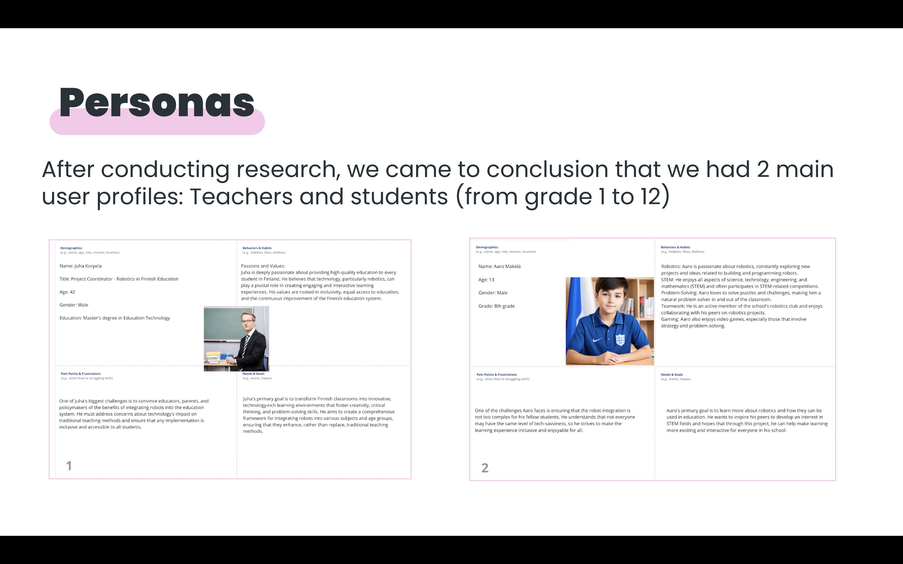 Two personas: Juha Korpela, project coordinator in Finnish education, and Aaro Makela, an 8th grade student