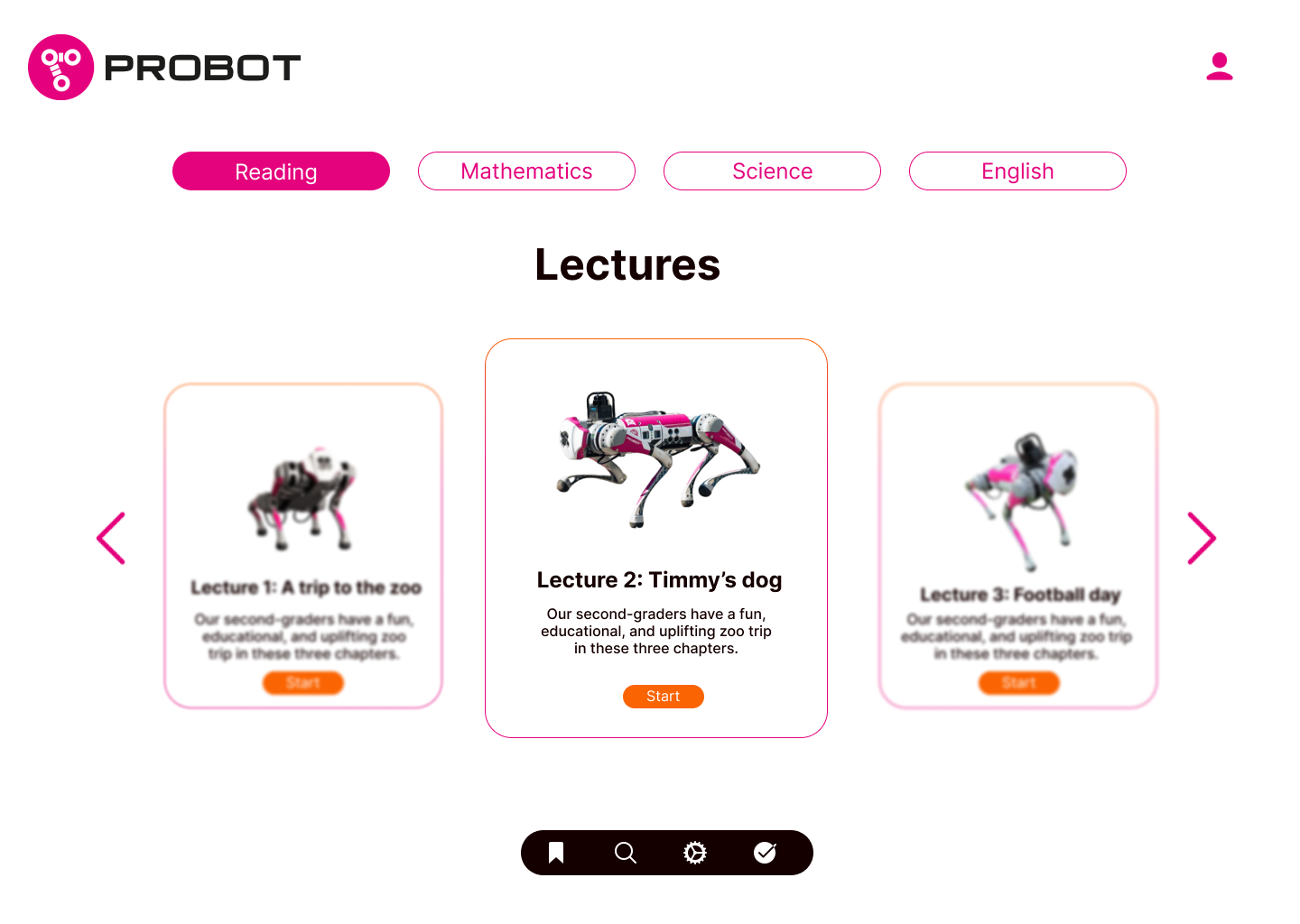 Probot desktop lecture library with subject tabs and a lecture carousel