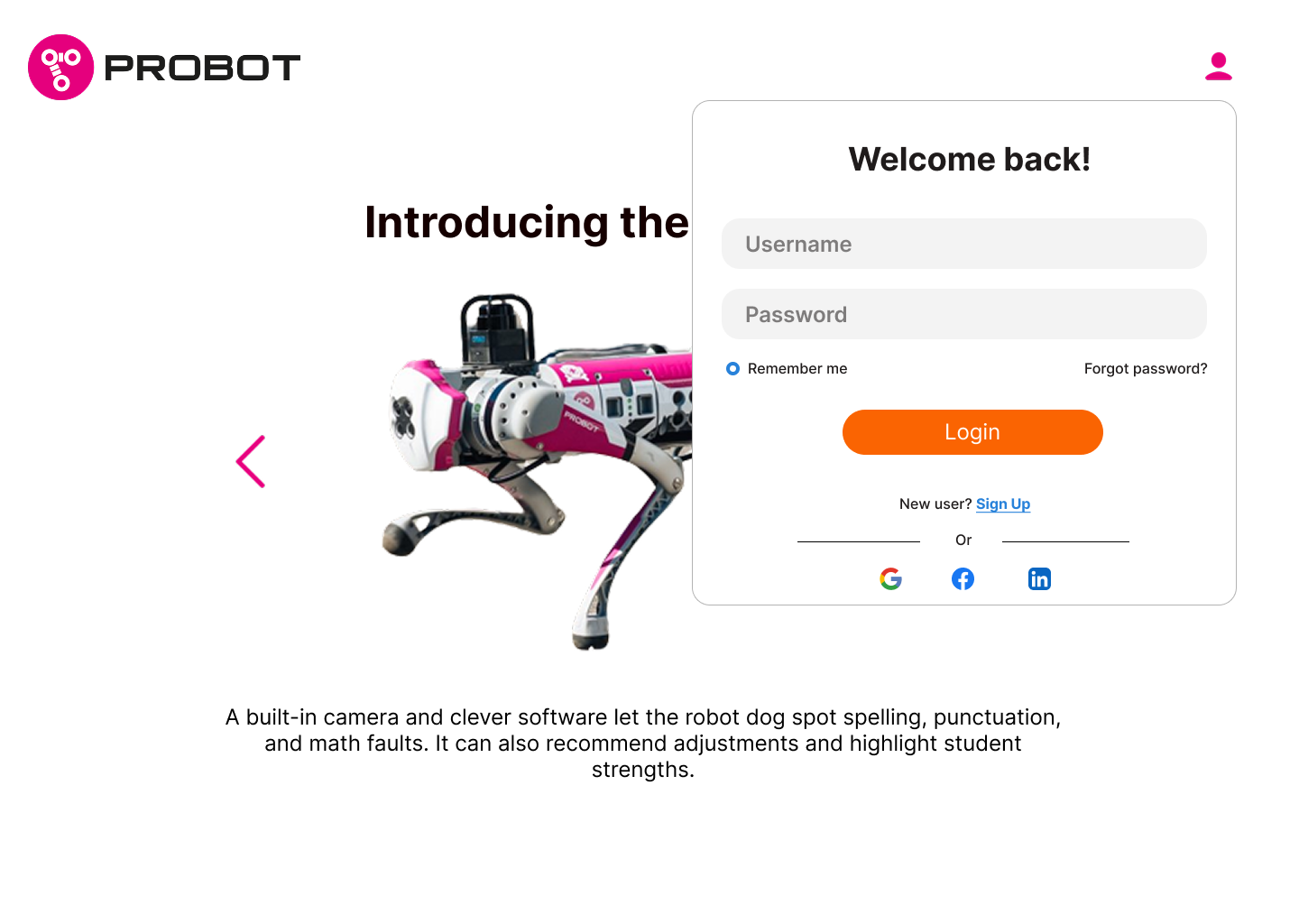 Probot desktop login screen with robot dog and Welcome back form