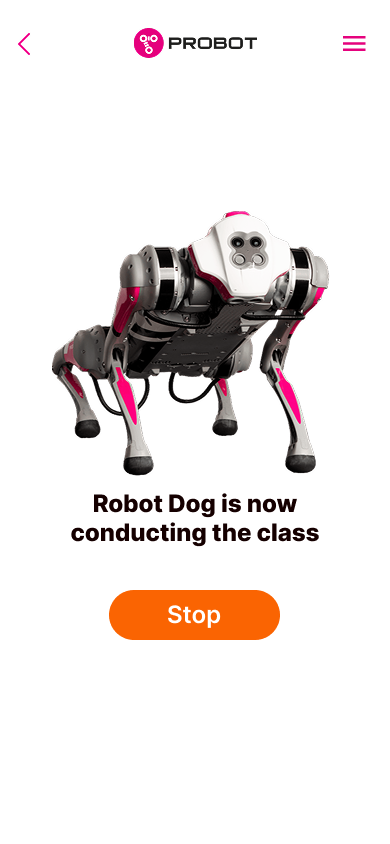 Probot robot dog conducting the class with Stop button