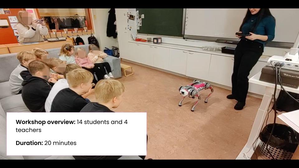 Workshop session with students and the robot dog in a classroom