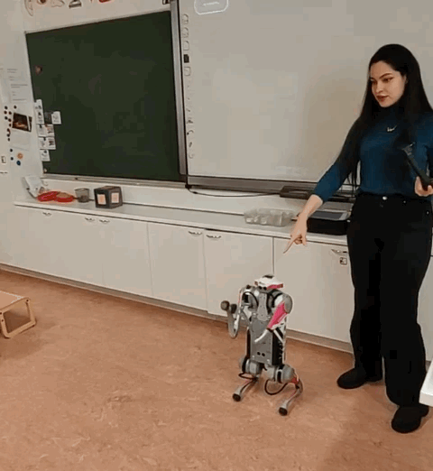 Leading the live workshop session, demonstrating the robot dog to the class