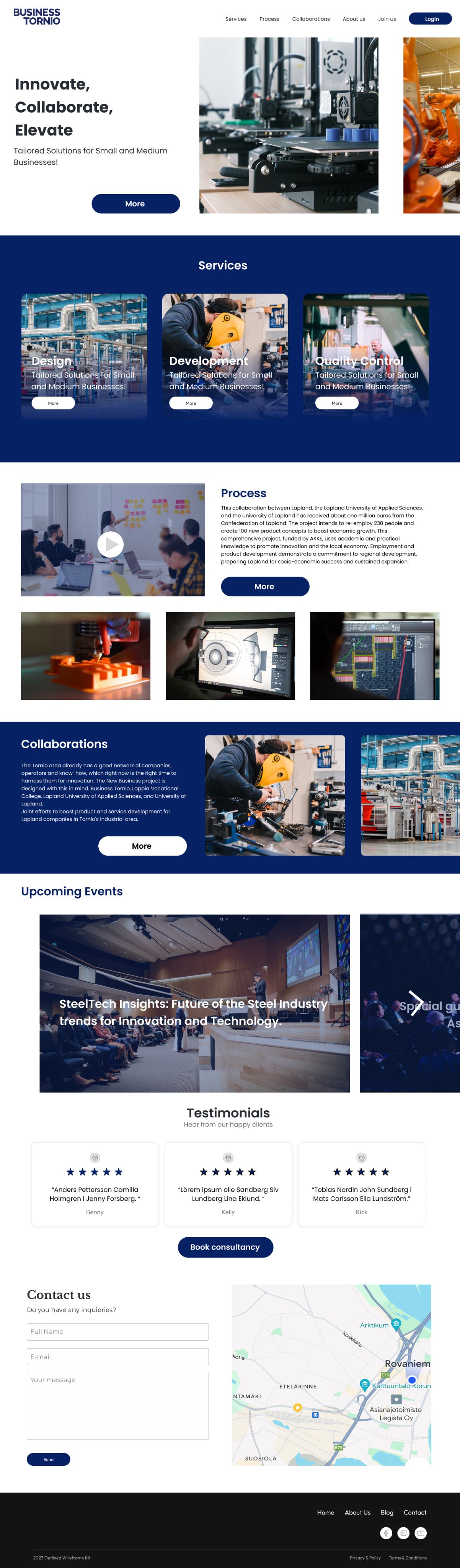 Full Business Tornio website prototype showing services, process, collaborations, upcoming events, testimonials, and contact form
