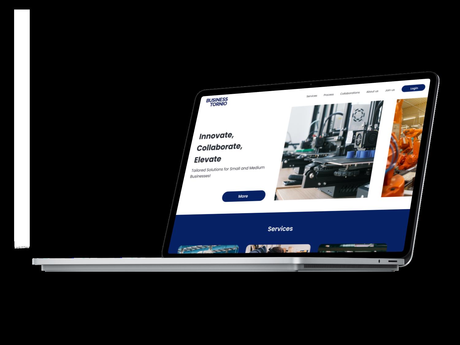 Business Tornio website prototype shown on a laptop, with the tagline Innovate, Collaborate, Elevate