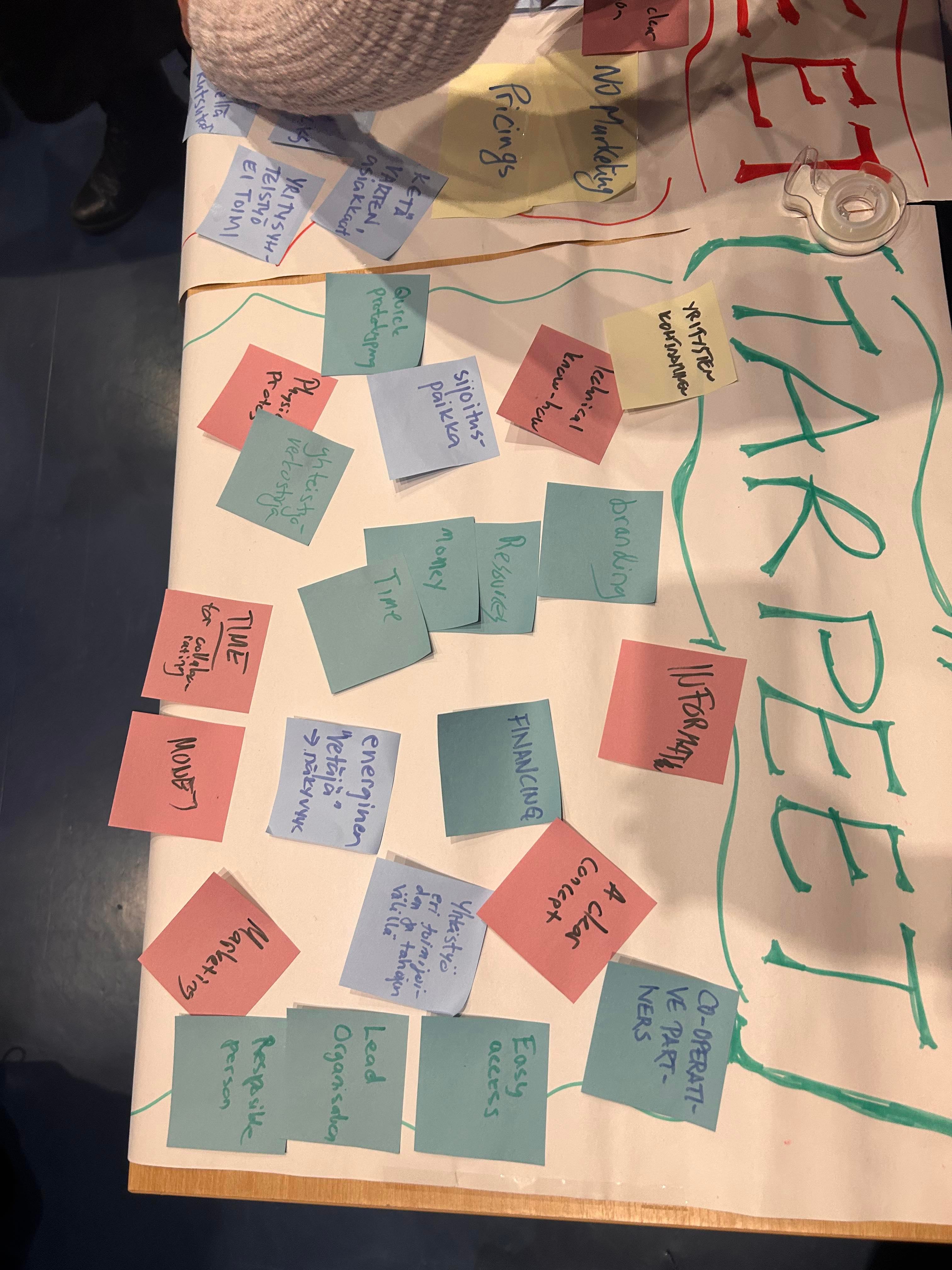 Physical card sorting exercise from the workshop, with handwritten sticky notes covering needs, pains, and concepts